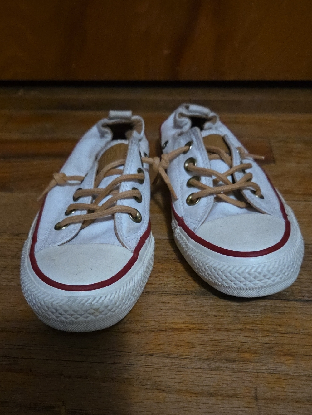 Converse White Canvas Sneakers with Red Stripe and Tan Laces